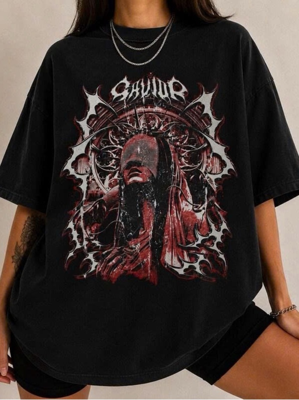 Black Short-Sleeve Graphic Tee with Red Gothic Artwork